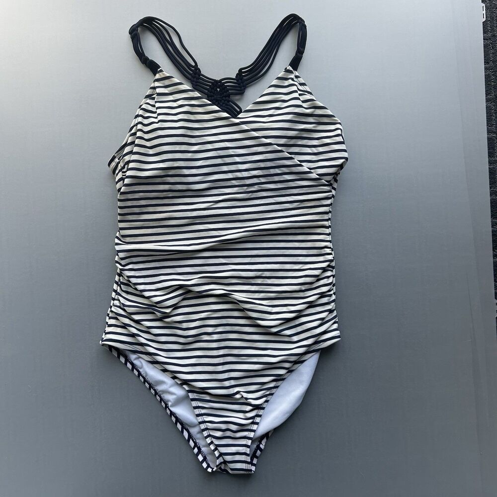 One-Piece Swim Suit Women's Size L  Kona Sol Nautical Blue White Stripes Tank